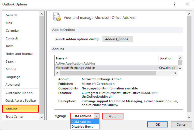 enable add ins outlook 2010